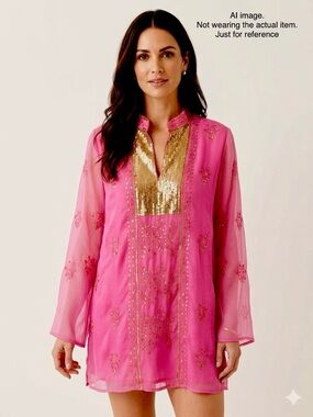 Alain Weiz Sheer Blouse Pink Gold Tunic Gold Sequins Size 18